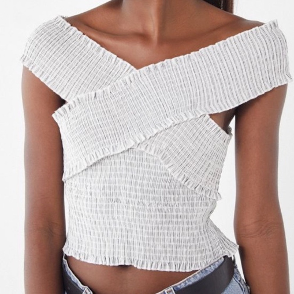 Urban Outfitters Smocked Cross Neck Crop Grey Striped |P3